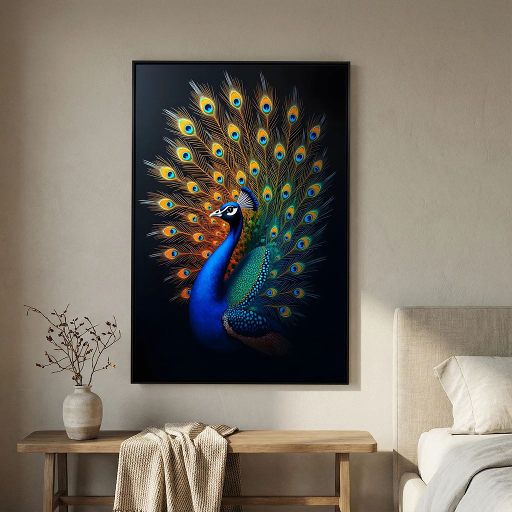 Vibrant Abstract Peacock Black Background Minimalist Wall Canvas