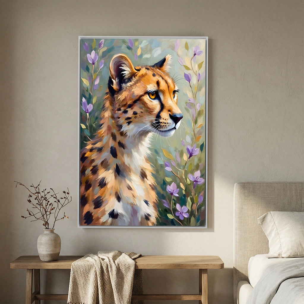 Delicate Oil Style Cheetah In Flowers Canvas Minimalist Wall Decor
