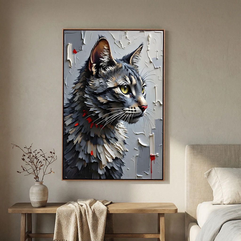 Statement Oil Style Domestic Gray Cat Minimalist Wall Canvas