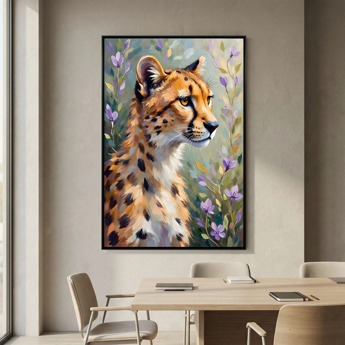 Delicate Oil Style Cheetah In Flowers Canvas Minimalist Wall Decor
