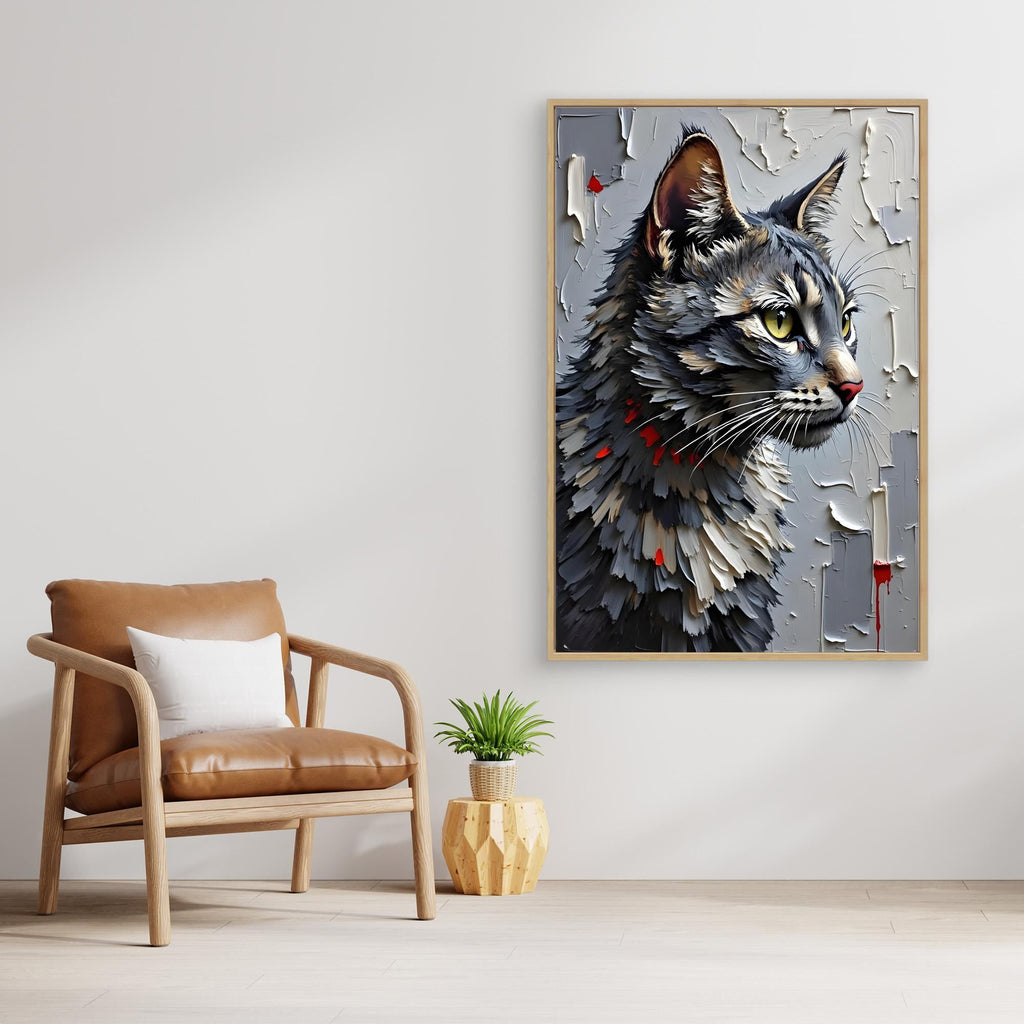 Statement Oil Style Domestic Gray Cat Minimalist Wall Canvas