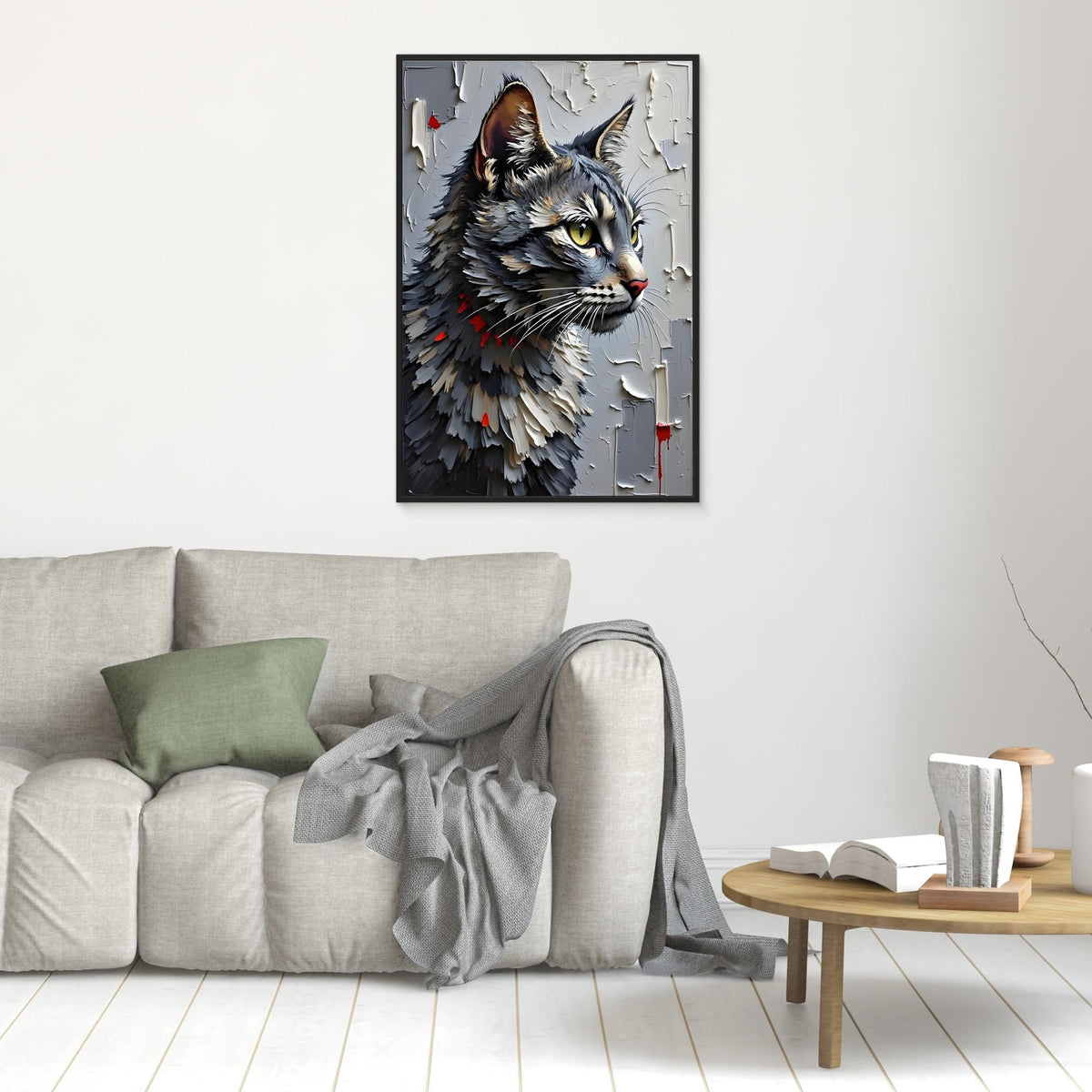 Statement Oil Style Domestic Gray Cat Minimalist Wall Canvas