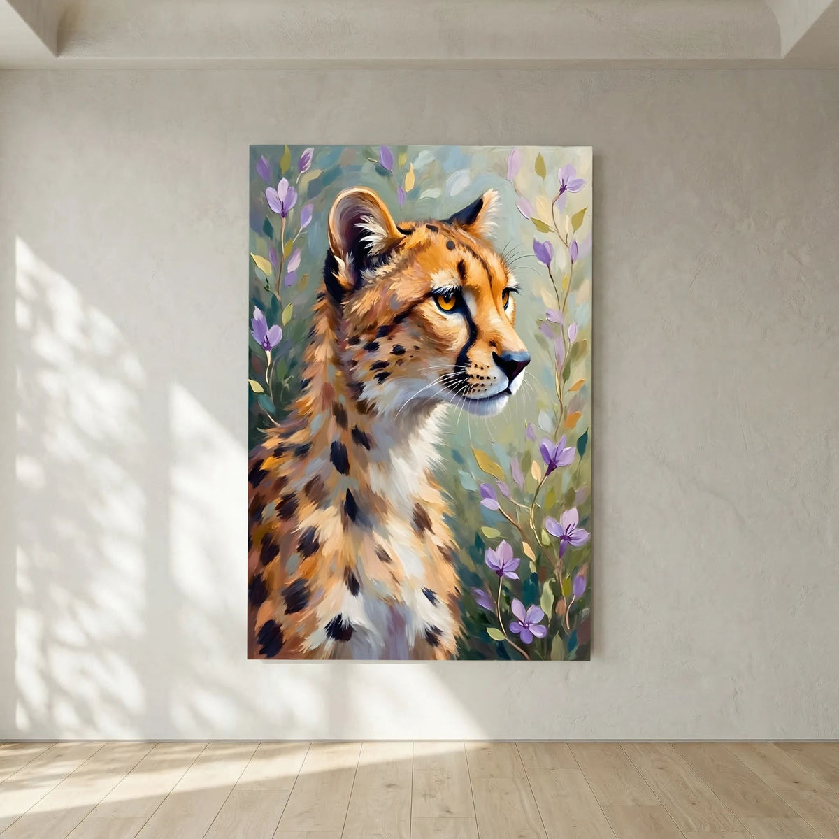Delicate Oil Style Cheetah In Flowers Canvas Minimalist Wall Decor