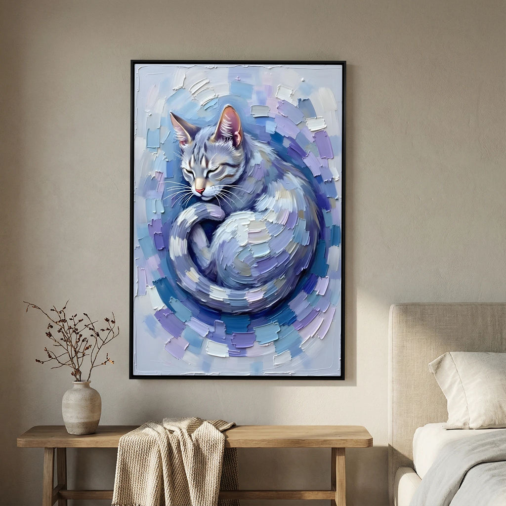 Patel Blue Domestic Cat Oil Style Canvas Minimalist Decor