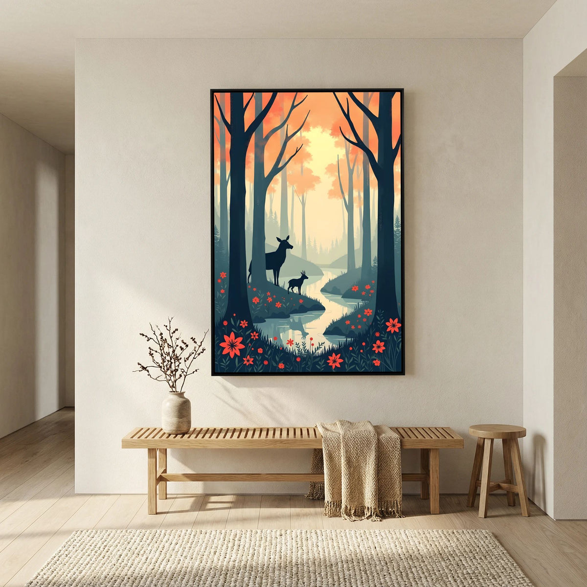 Dark Forest Scene With Deer Abstract Print