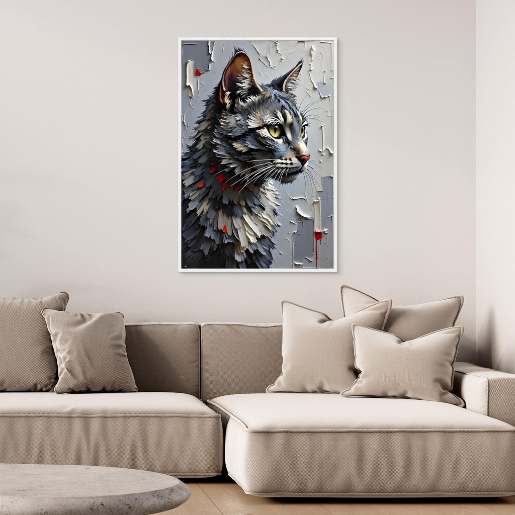 Statement Oil Style Domestic Gray Cat Minimalist Wall Canvas