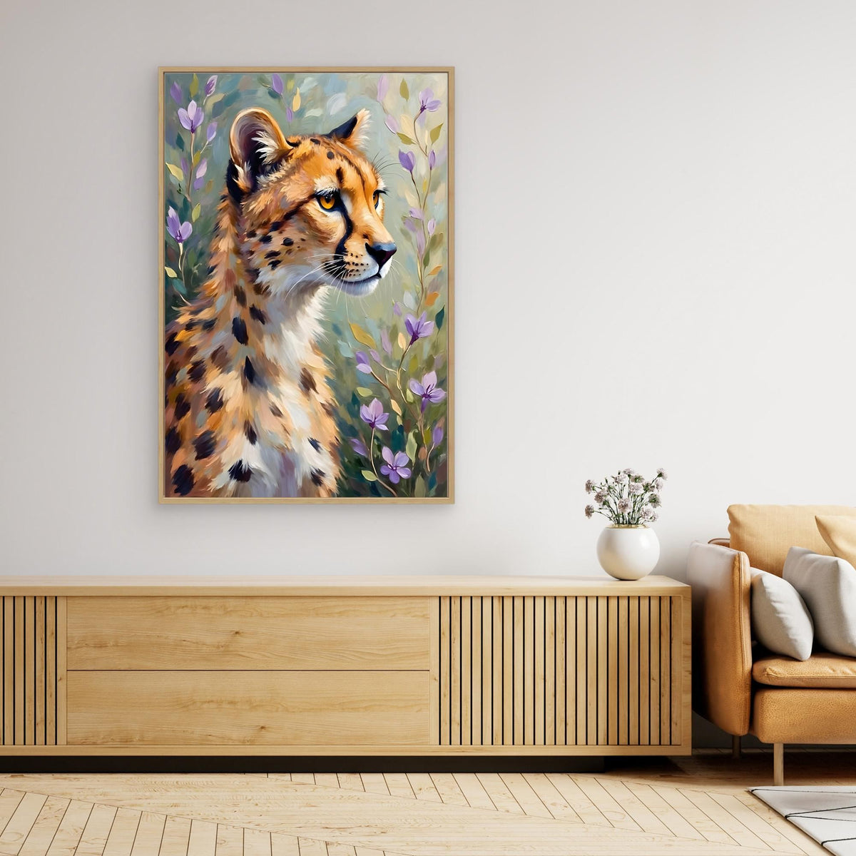 Delicate Oil Style Cheetah In Flowers Canvas Minimalist Wall Decor