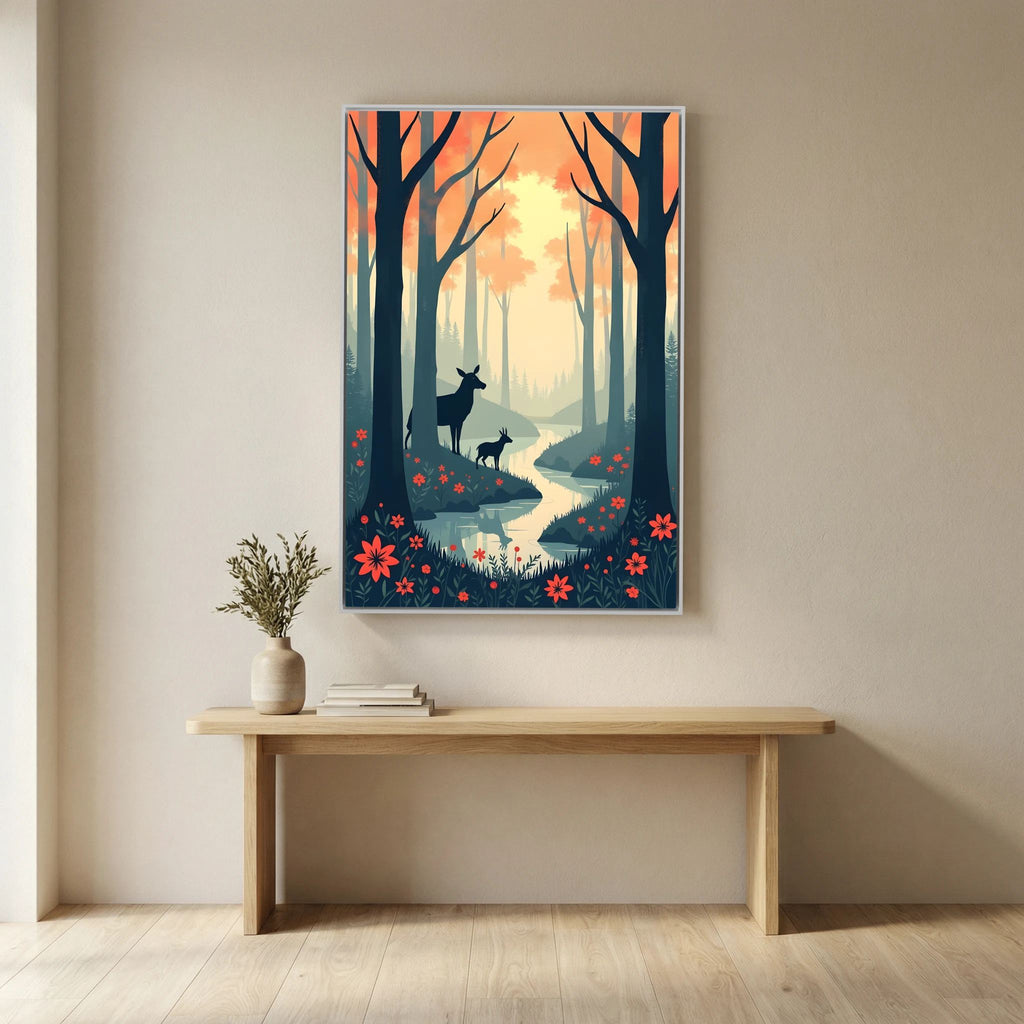 Dark Forest Scene With Deer Abstract Print