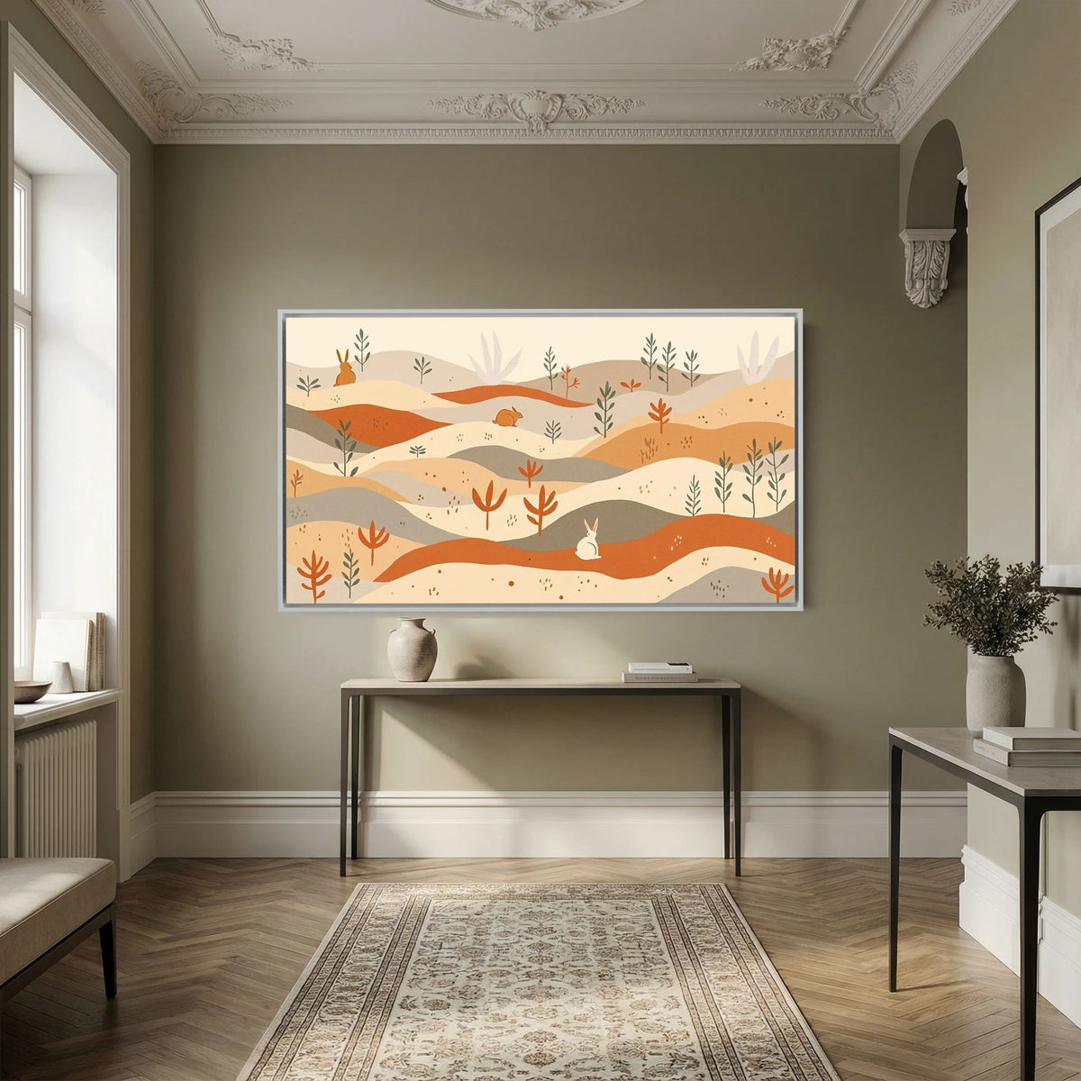 Rabbits On The Pastures Wall Canvas