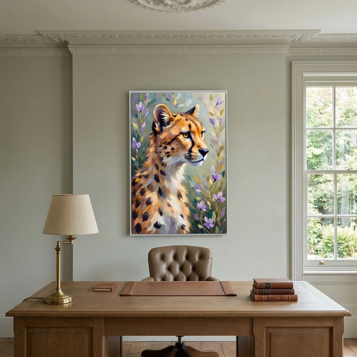 Delicate Oil Style Cheetah In Flowers Canvas Minimalist Wall Decor
