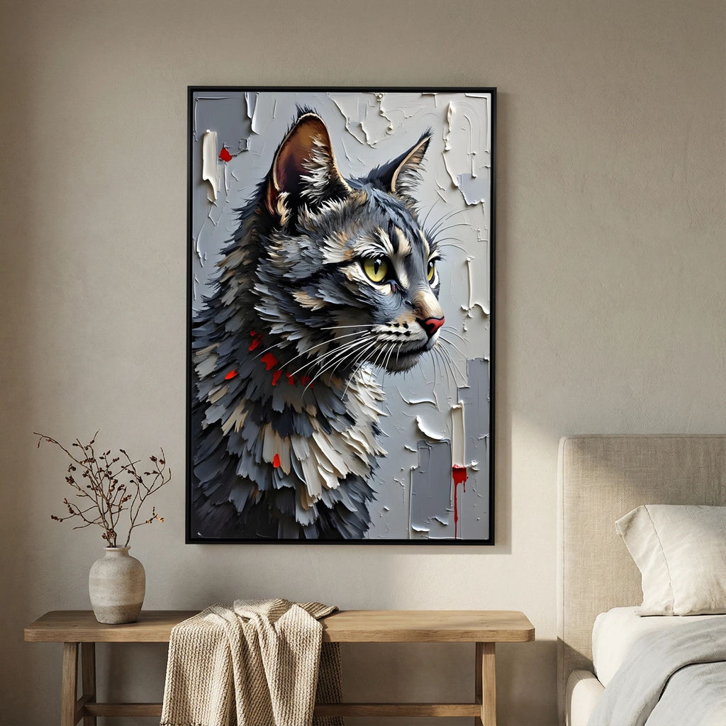 Statement Oil Style Domestic Gray Cat Minimalist Wall Canvas