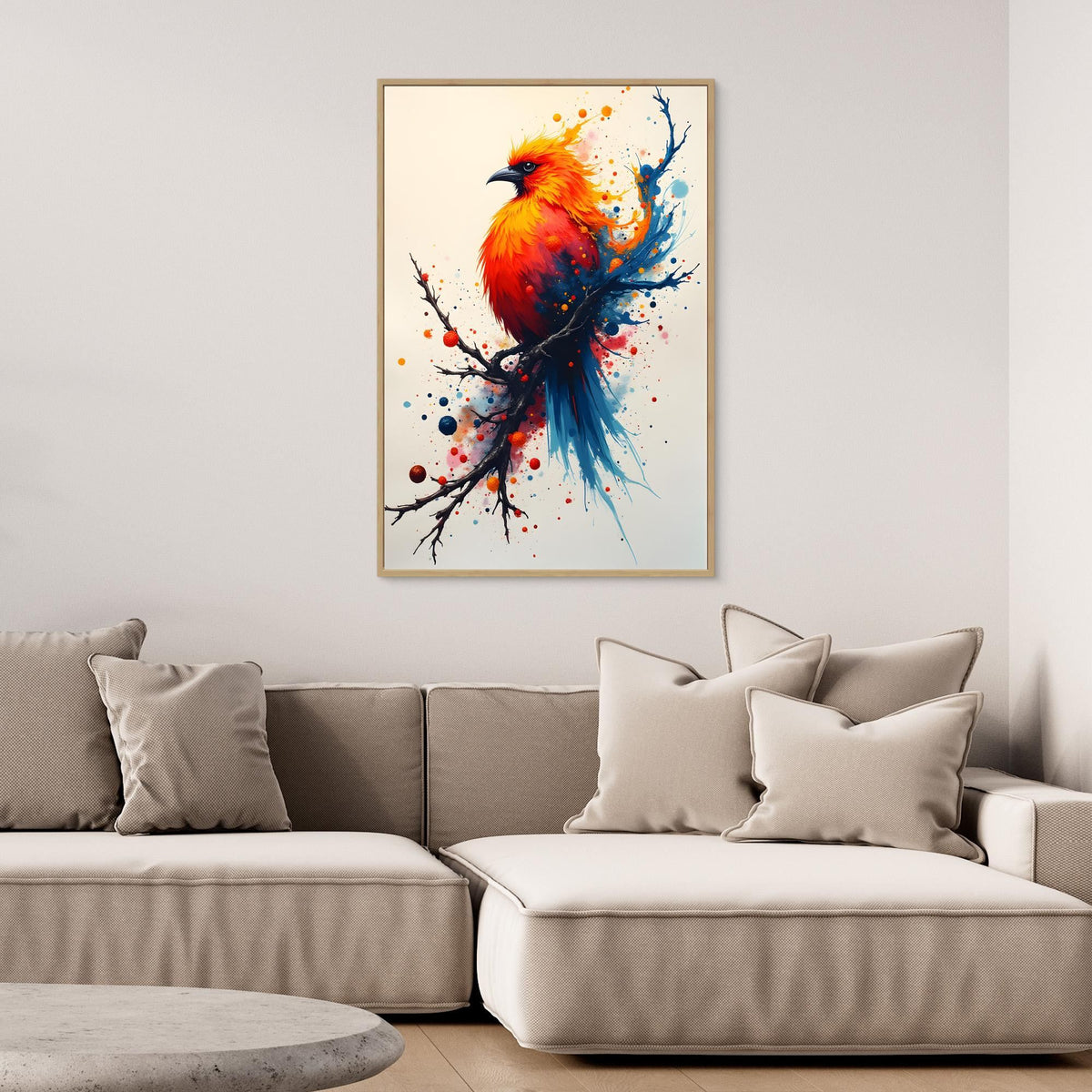 Vibrant Bird On A Branch Minimalist Ink Style Canvas
