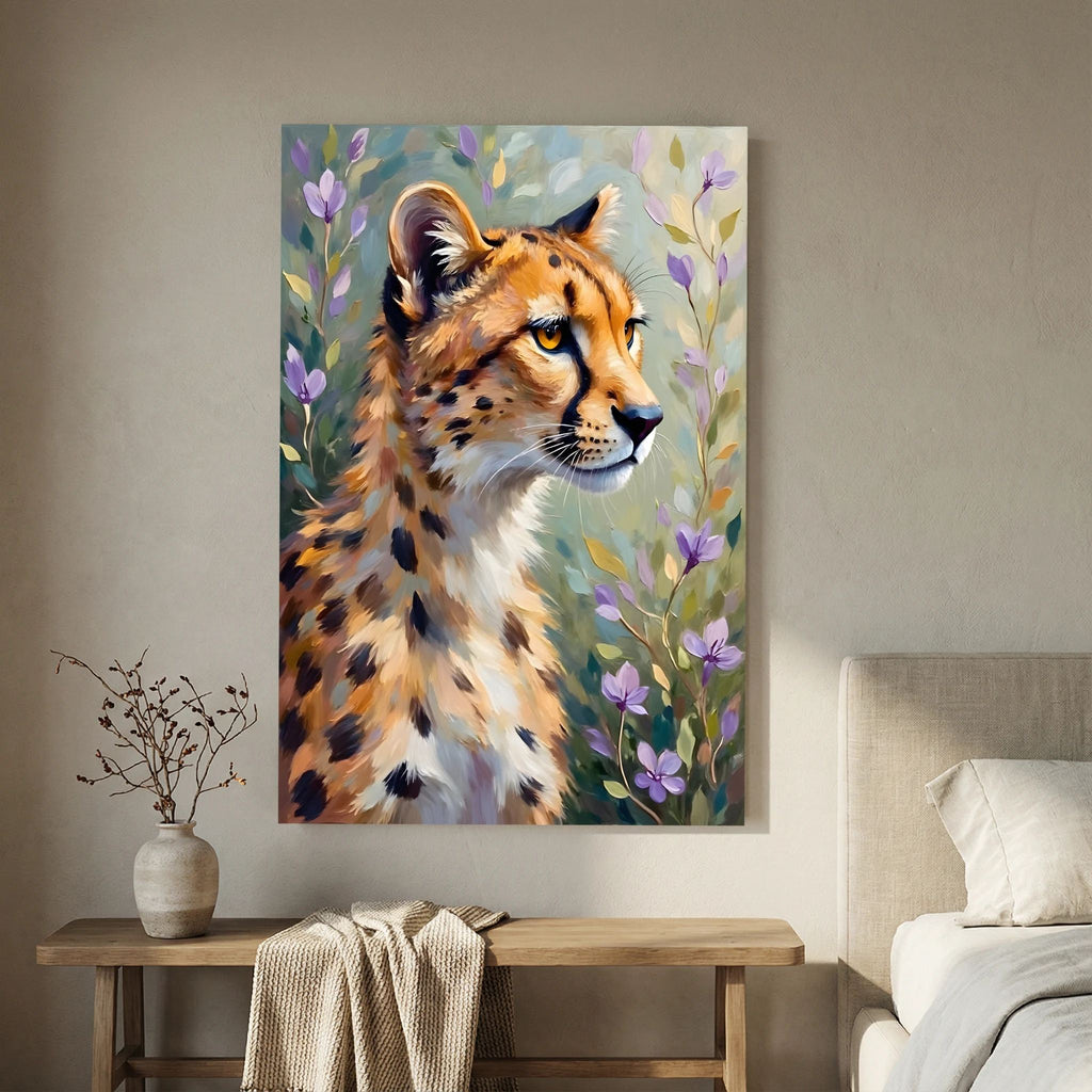 Delicate Oil Style Cheetah In Flowers Canvas Minimalist Wall Decor