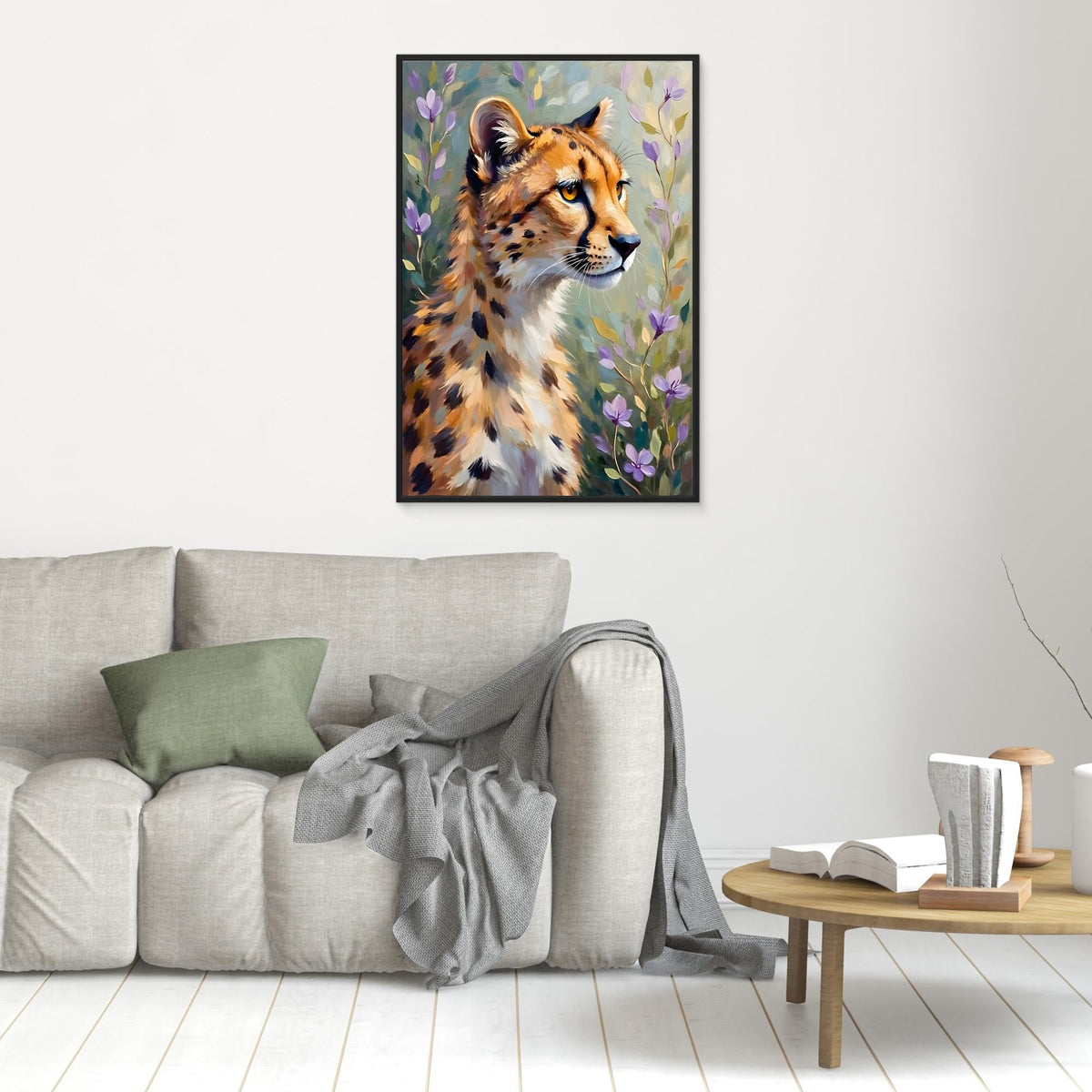 Delicate Oil Style Cheetah In Flowers Canvas Minimalist Wall Decor