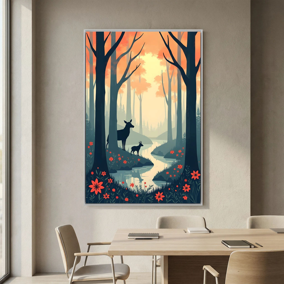 Dark Forest Scene With Deer Abstract Print