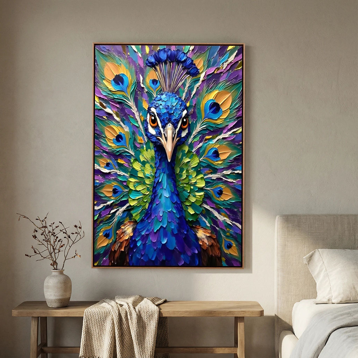 Vibrant Abstract  Oil Style Peacock Minimalist Decor