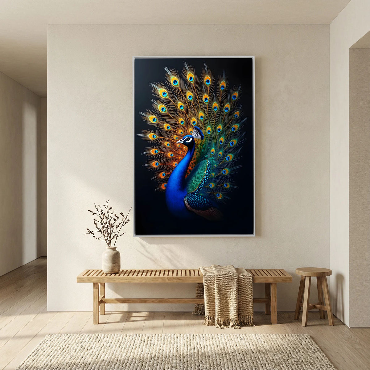Vibrant Abstract Peacock Black Background Minimalist Wall Canvas