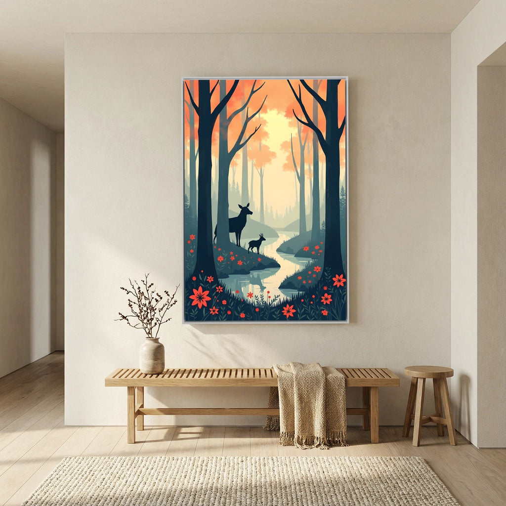 Dark Forest Scene With Deer Abstract Print