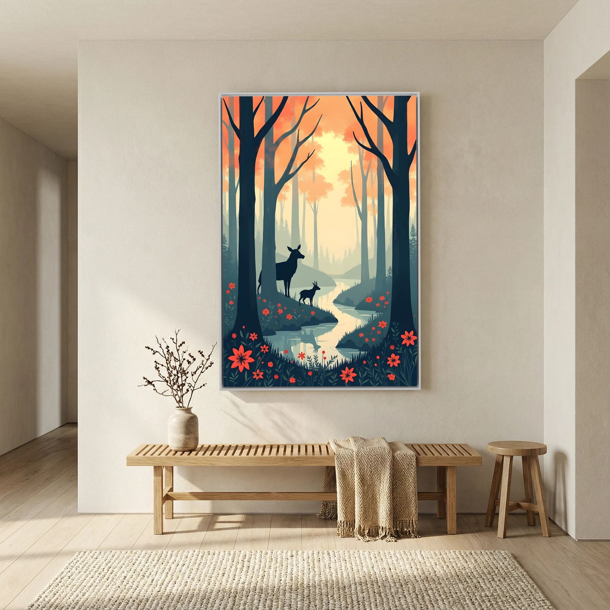 Dark Forest Scene With Deer Abstract Print