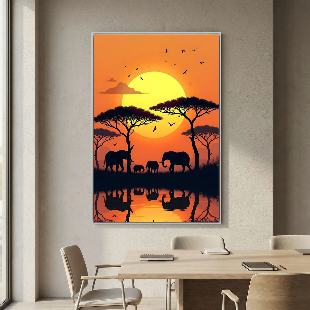 Elephants At Sunset Canvas Wall art