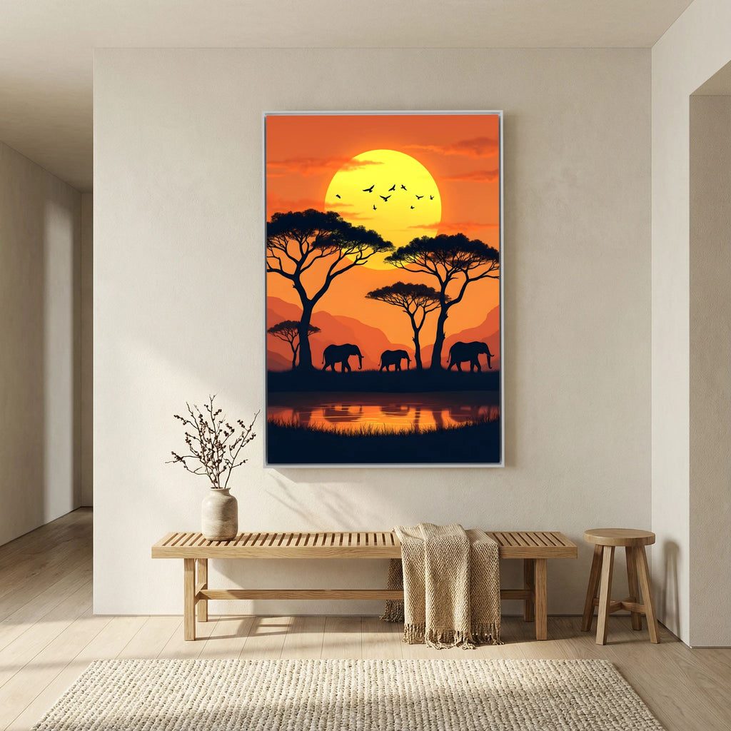 Elephants At The Watering Hole At Sundown Wall Art