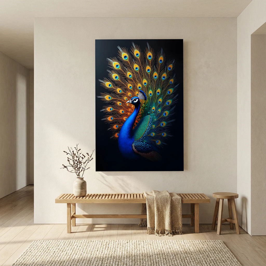 Vibrant Abstract Peacock Black Background Minimalist Wall Canvas
