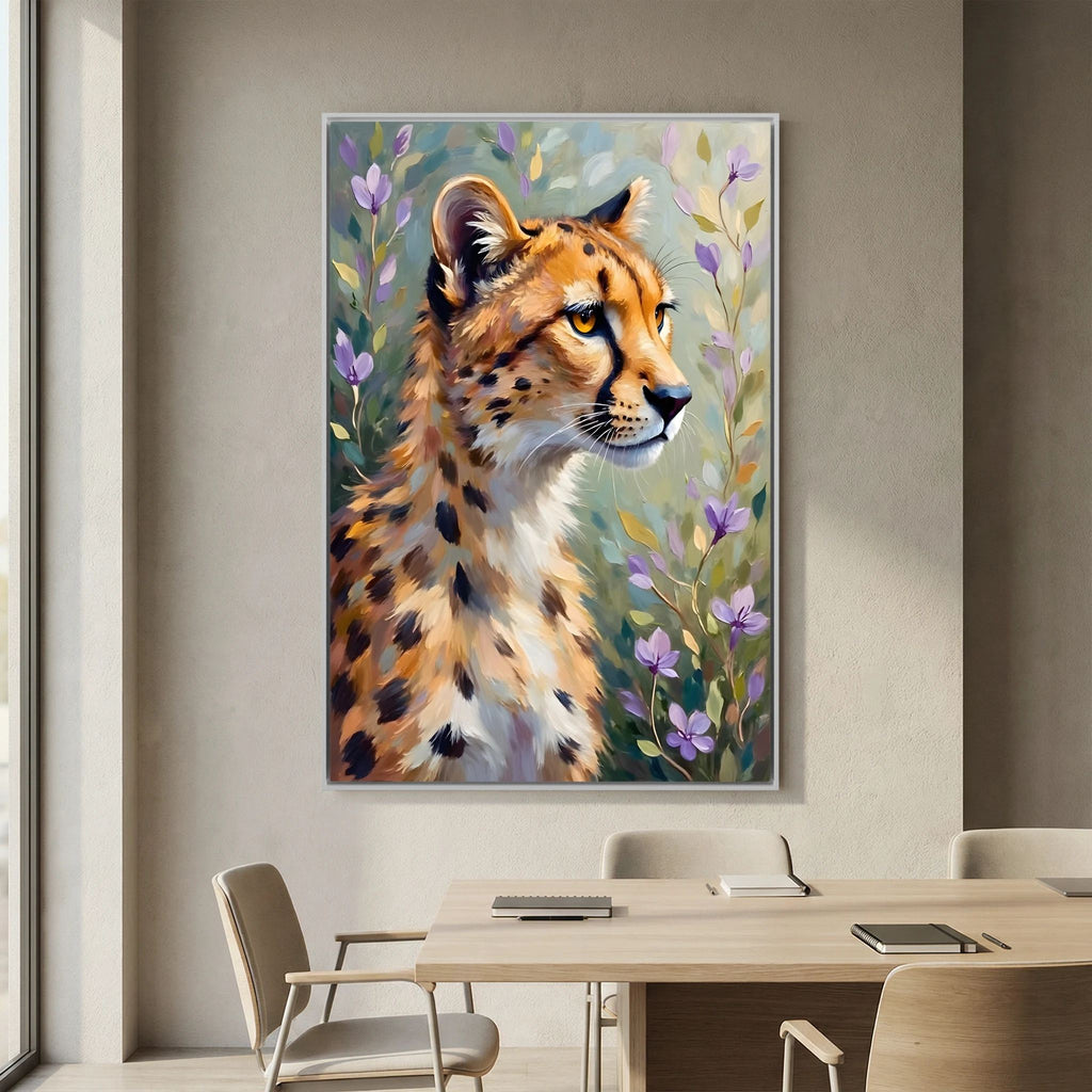 Delicate Oil Style Cheetah In Flowers Canvas Minimalist Wall Decor