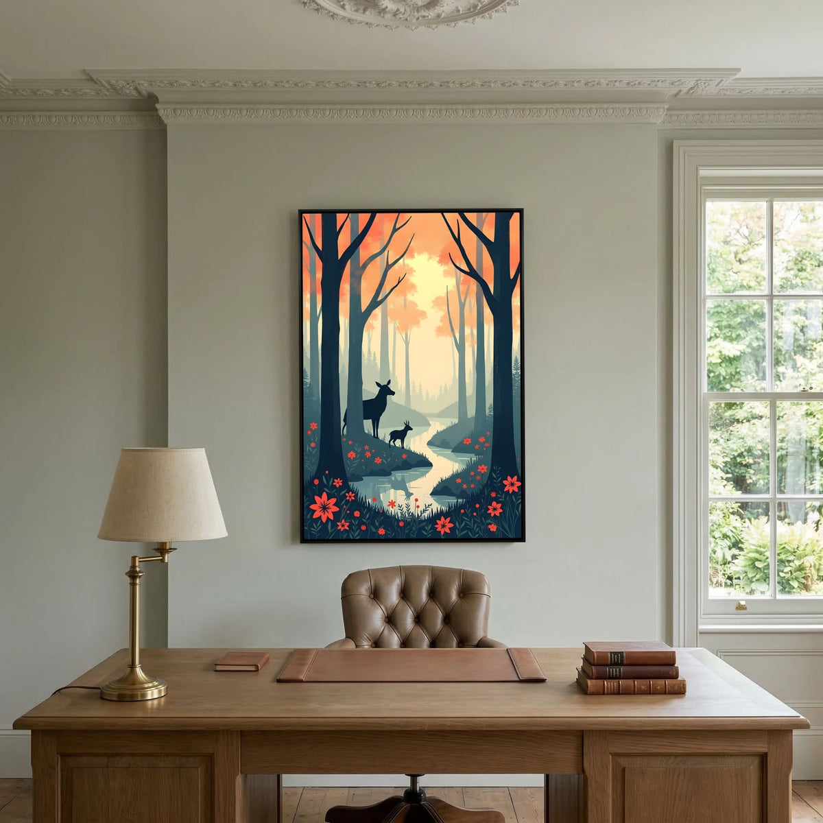 Dark Forest Scene With Deer Abstract Print