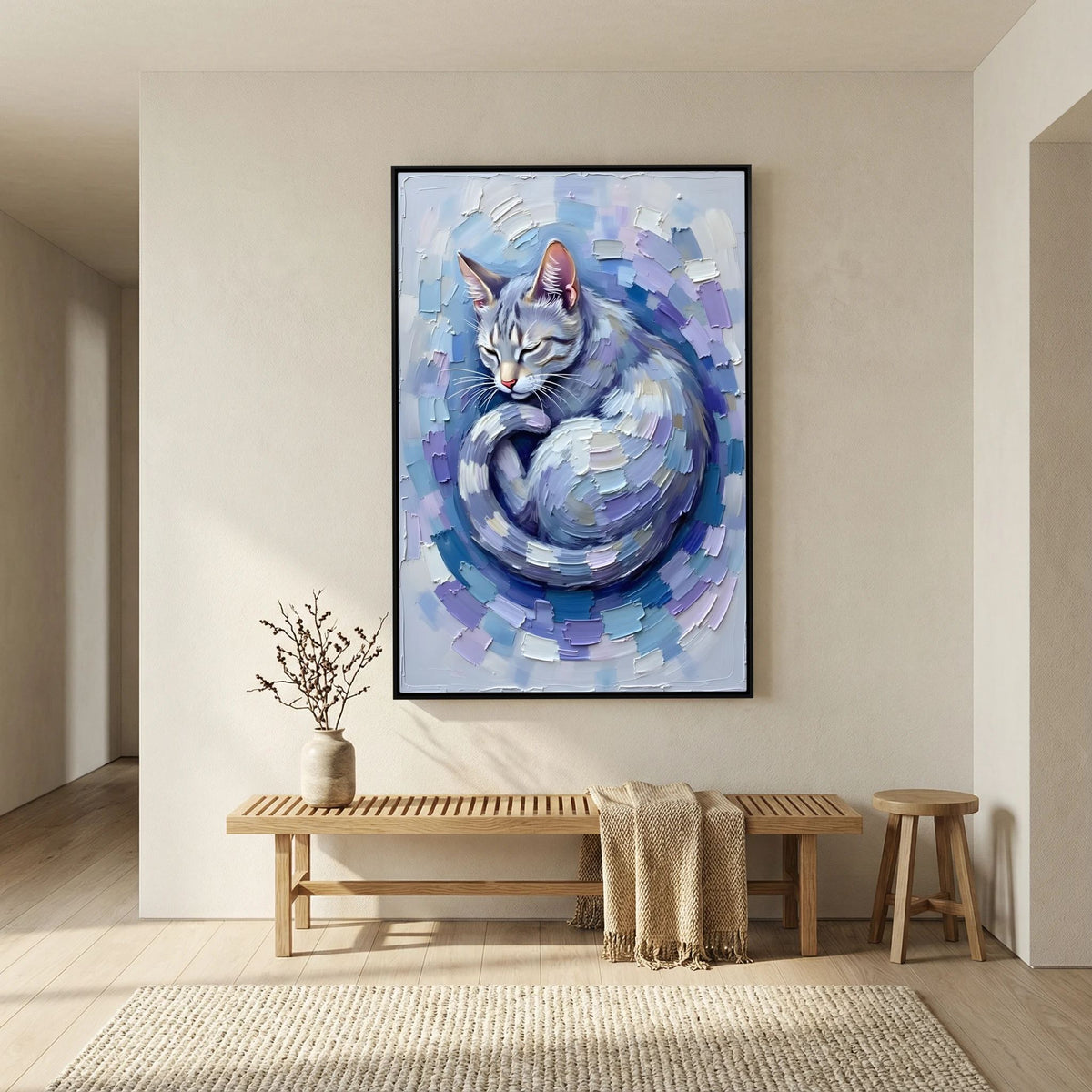Patel Blue Domestic Cat Oil Style Canvas Minimalist Decor