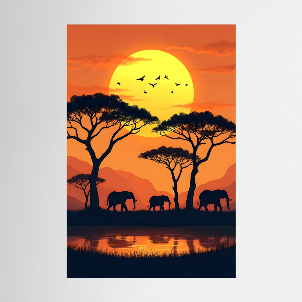 Elephants At The Watering Hole At Sundown Wall Art