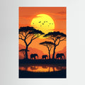 Elephants At The Watering Hole At Sundown Wall Art
