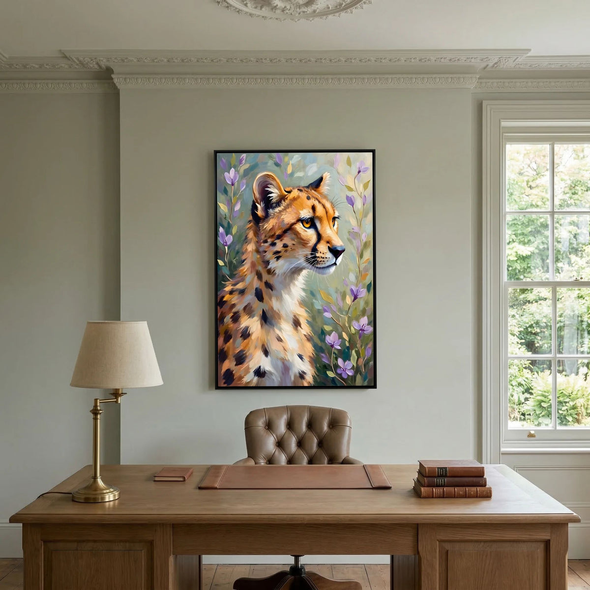 Delicate Oil Style Cheetah In Flowers Canvas Minimalist Wall Decor