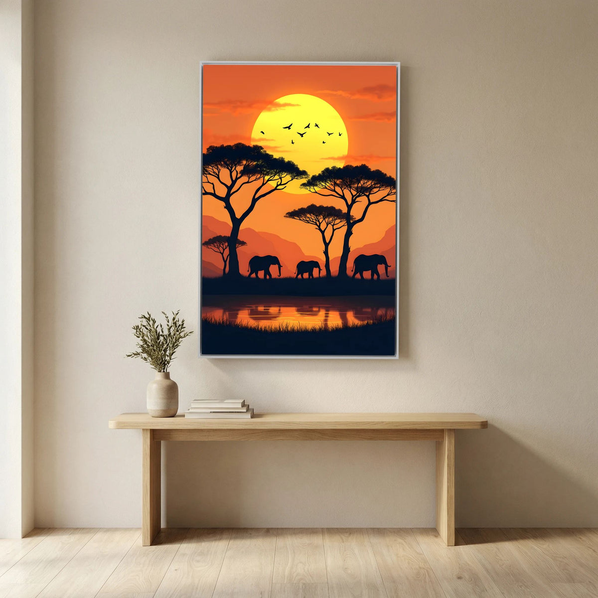 Elephants At The Watering Hole At Sundown Wall Art