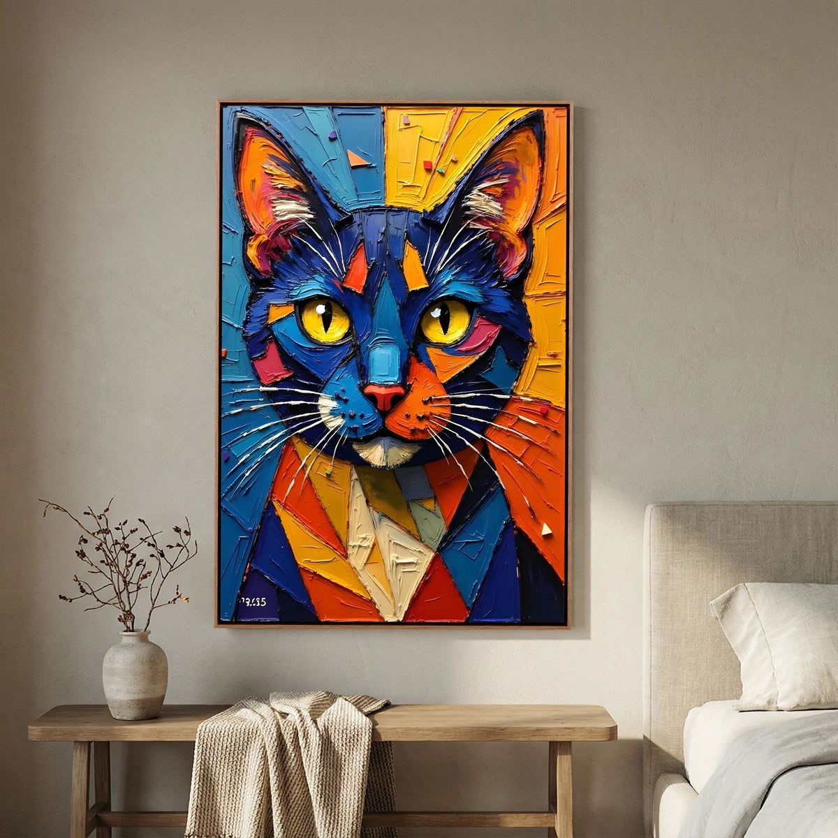Vibrant Oil Style Domestic Cat Minimalist Wall Decor