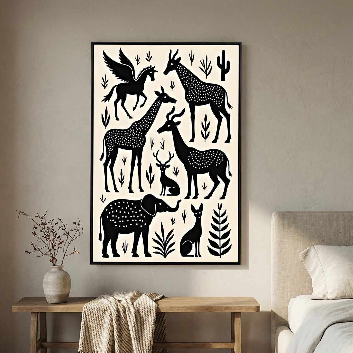 Monochrome African Wall Art Canvas featuring black stylized African animals and plants on white background in a black frame