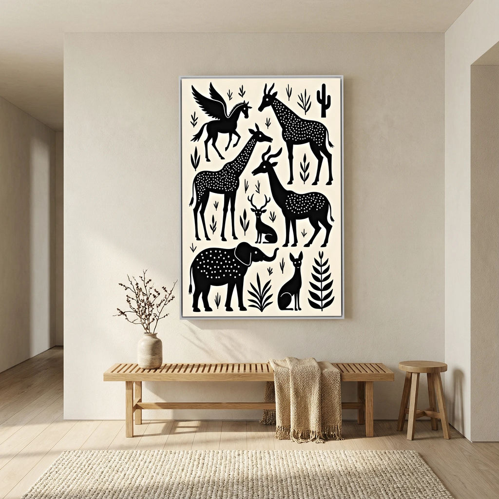 Monochrome African Wall Art Canvas featuring black silhouetted African animals and plants on a white background in a minimalist style