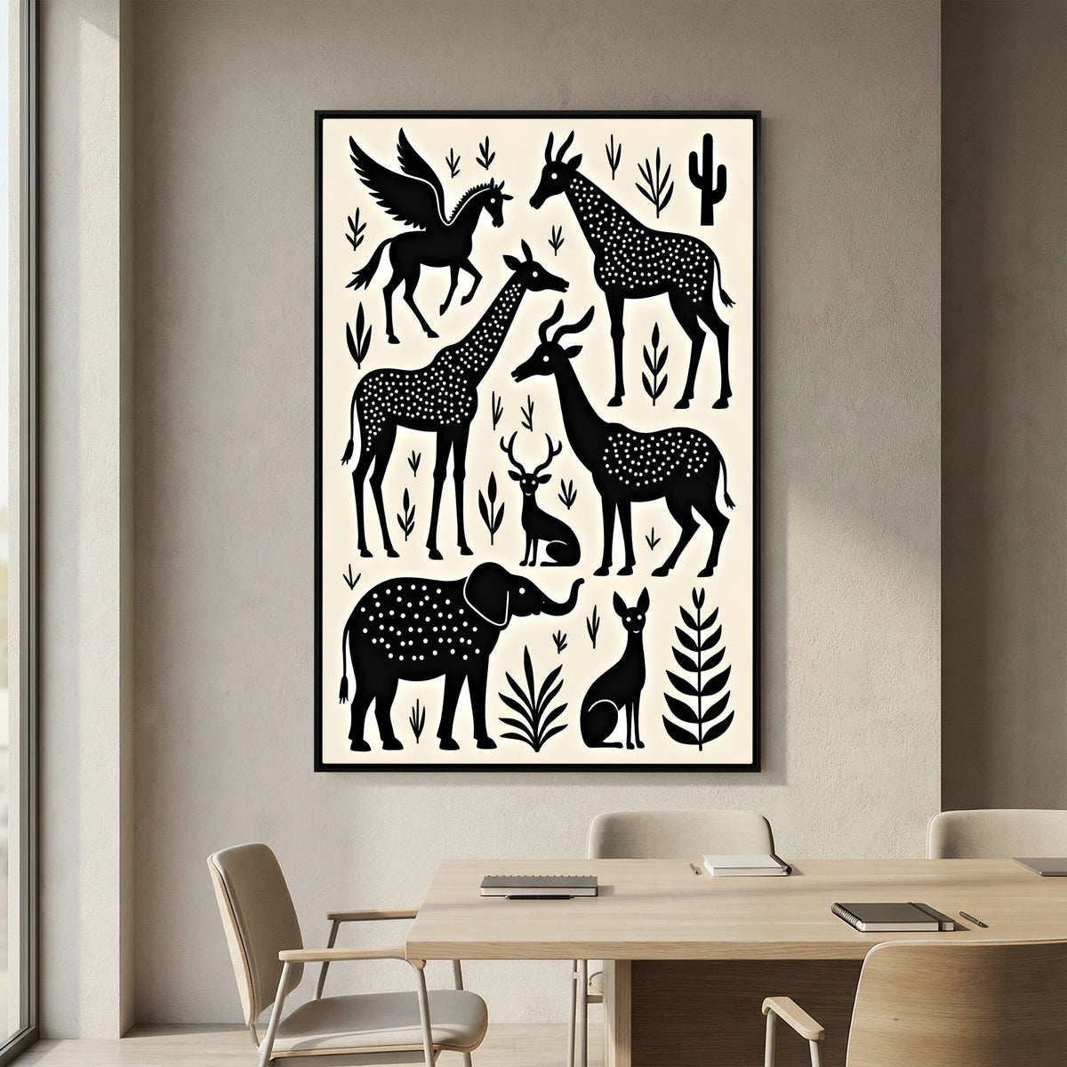 Monochrome African Wall Art Canvas featuring black silhouettes of giraffes, elephant, antelope, horse with wings, and plants on cream background