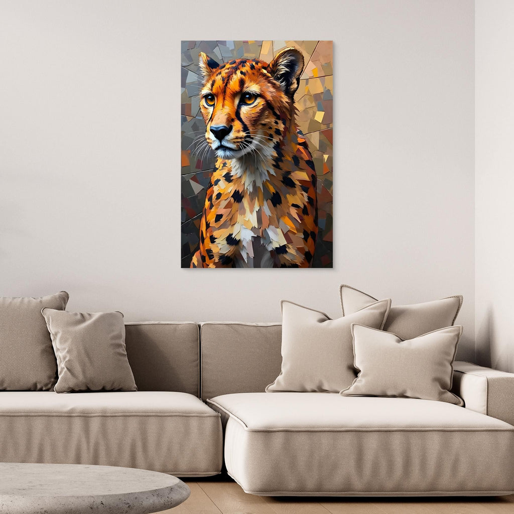 Oil Style Abstract cheetah wall canvas with bold orange, black, and beige geometric brushstrokes on poly-cotton matte canvas