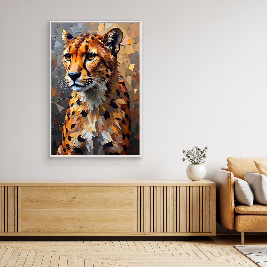 Oil Style Abstract painting of a cheetah with bold geometric brushstrokes in warm orange, brown, and gray tones on canvas