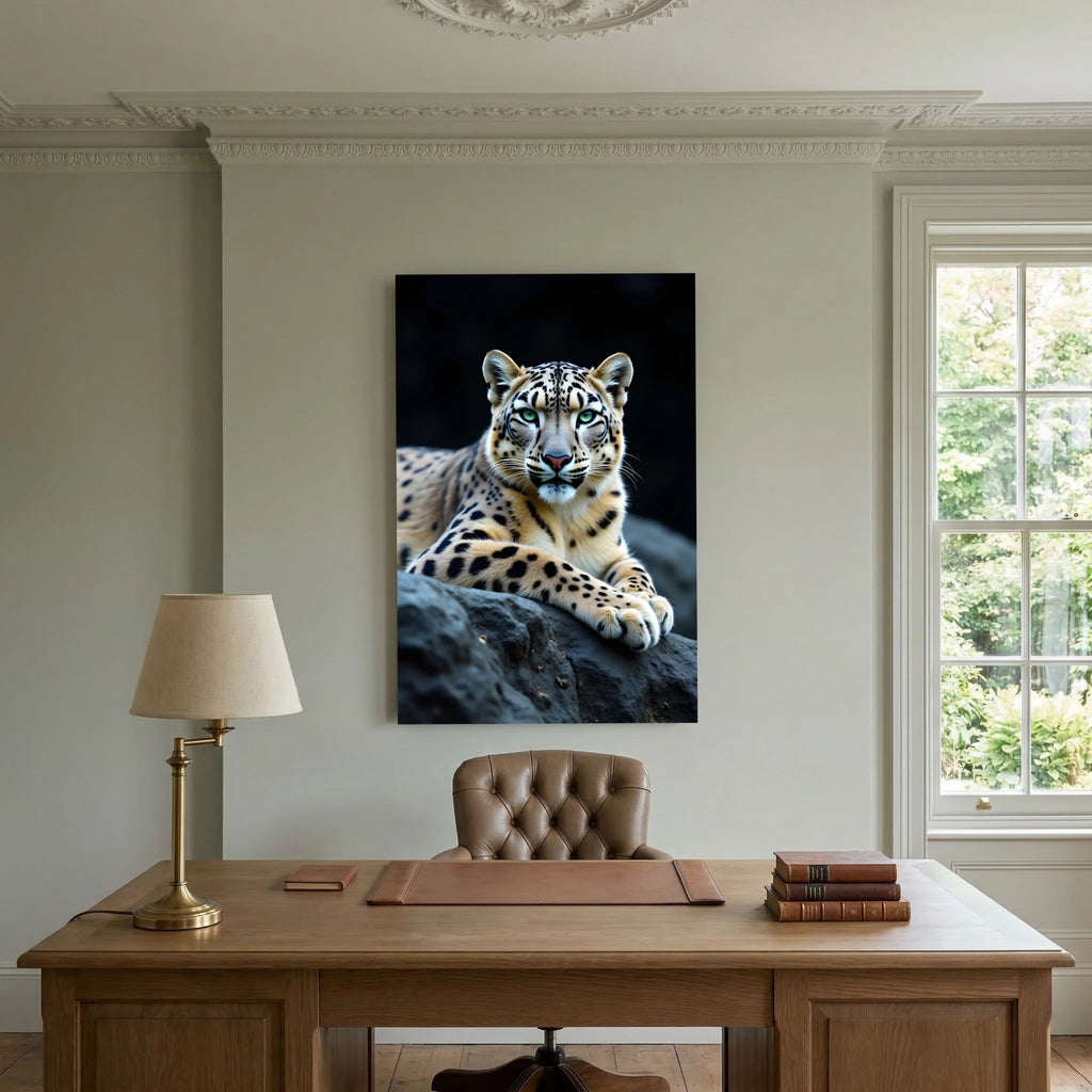 Snow Leopard Big Cat Canvas wall art featuring a calm, detailed snow leopard resting on rocks against a dark background
