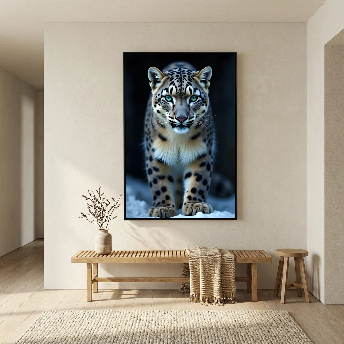 Snow Leopard Canvas Wall Art featuring a detailed snow leopard with blue eyes on a dark background, framed and ready to hang