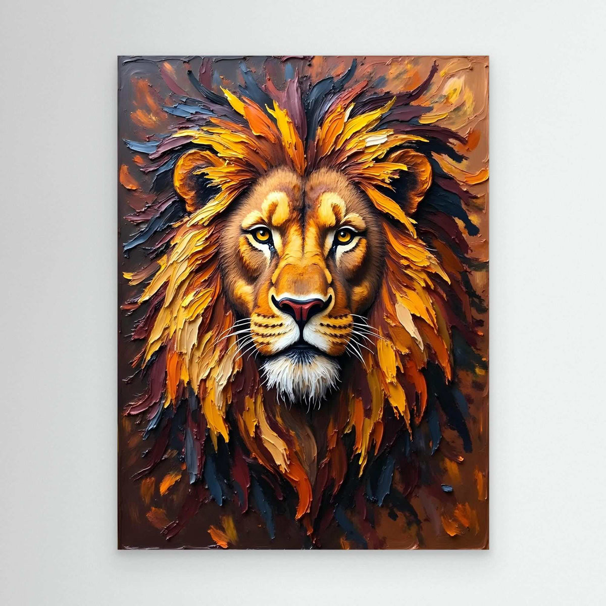 The Magnificent Lion King painted canvas featuring a majestic lion portrait with bold ochre and amber tones