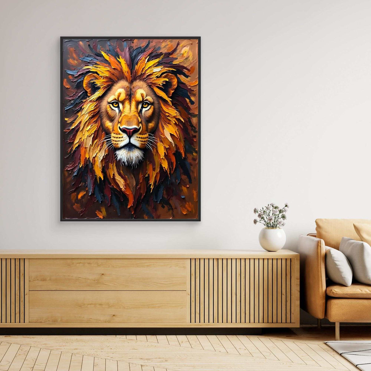 The Magnificent Lion King vibrant lion portrait painting with warm ochre and amber tones on stretched canvas in dark frame