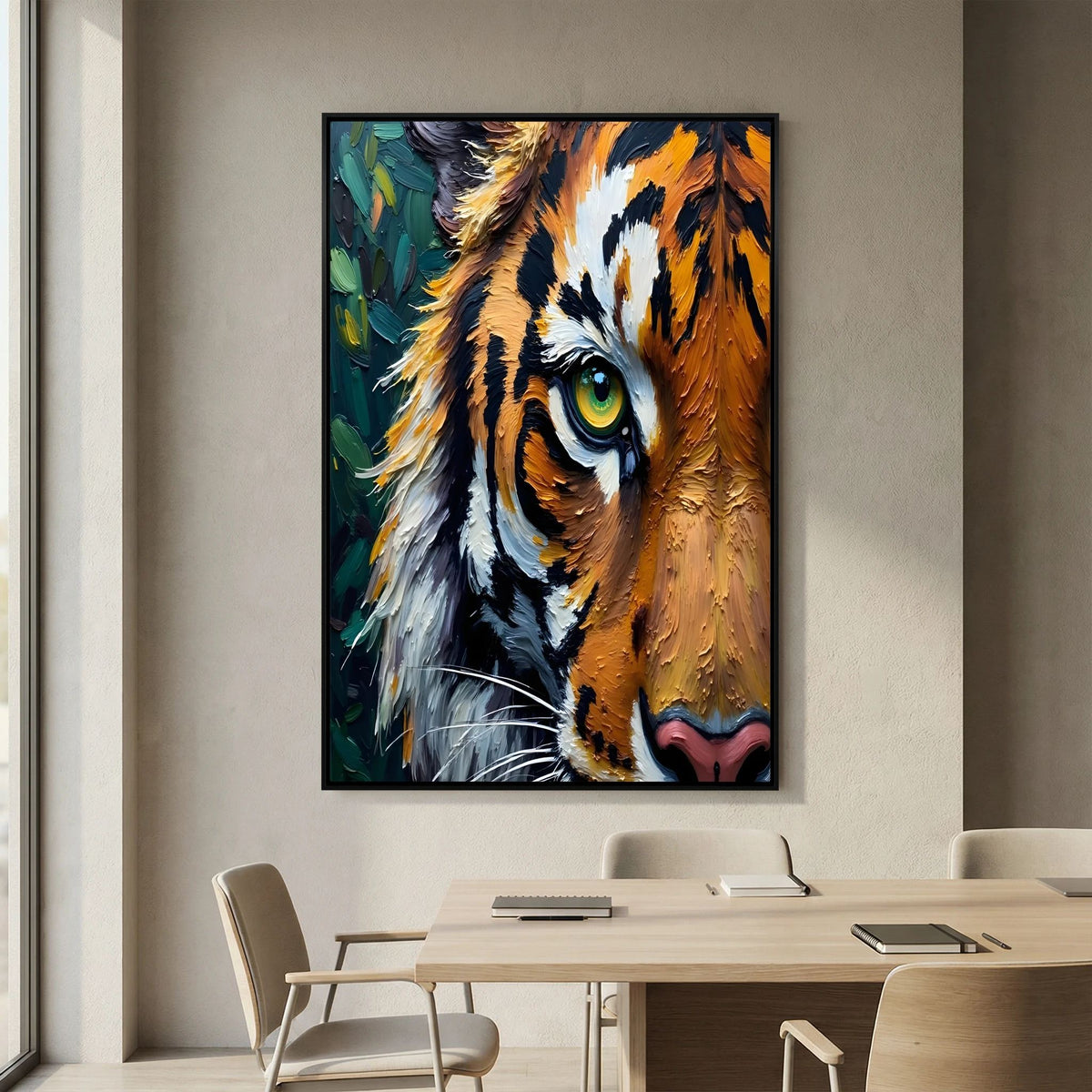 Tiger Abstract Oil Style canvas wall art featuring a close-up of a tiger's face in vibrant oil-style brush strokes