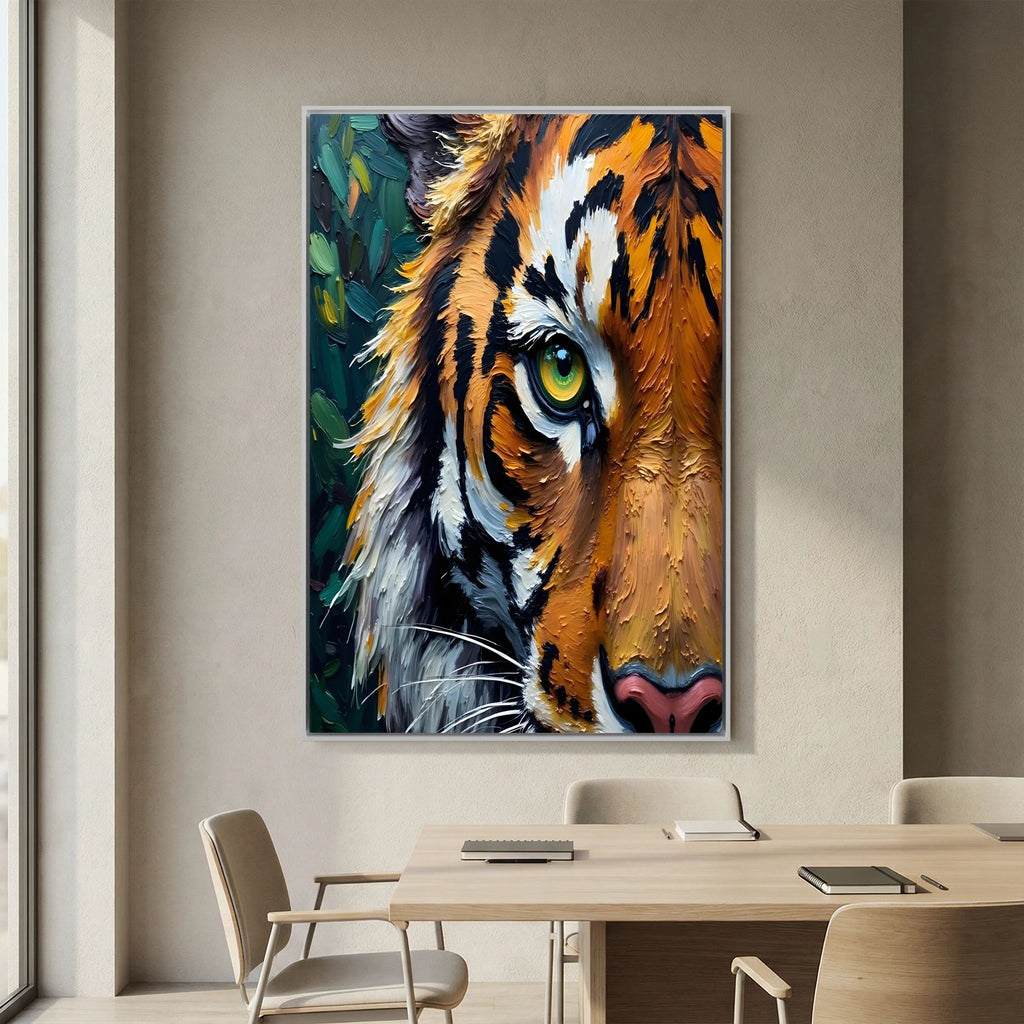 Tiger Abstract Oil Style canvas wall art featuring a close-up of a tiger's face with vibrant orange, black, white, and green oil-style brushstrokes