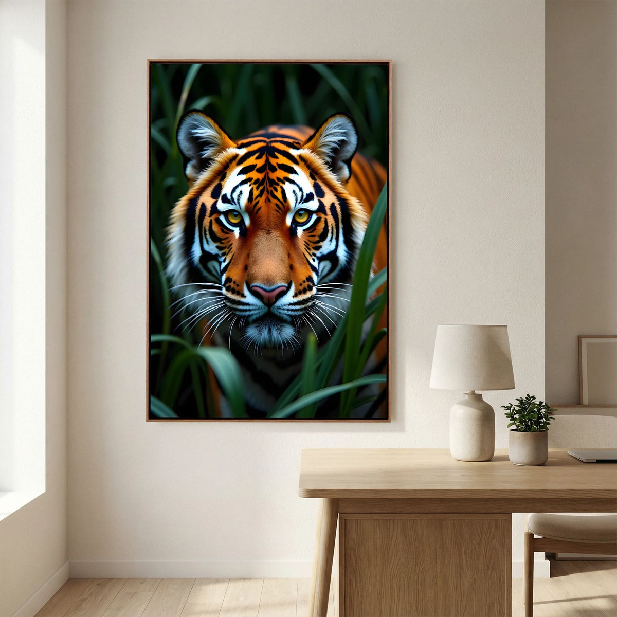 Tiger Forest Canvas wall art featuring a close-up of a vibrant orange and black tiger with piercing blue eyes amidst green forest foliage