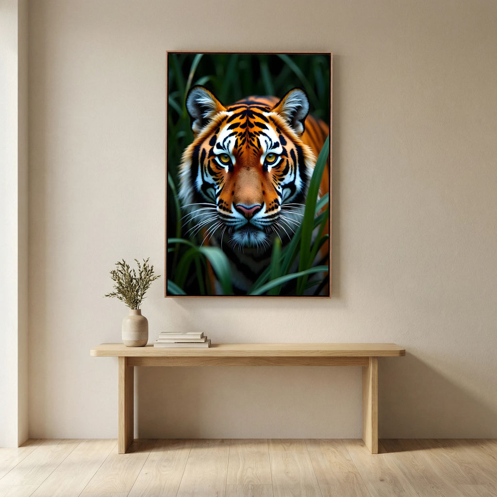 Tiger Forest Canvas depicting a close-up of a tiger peering through green forest foliage with vivid orange and black stripes