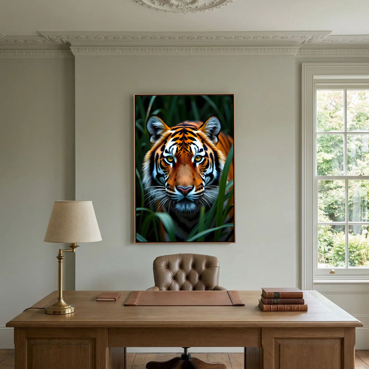 Tiger Forest Canvas featuring a vibrant tiger portrait surrounded by green jungle foliage, framed and hung on a neutral wall