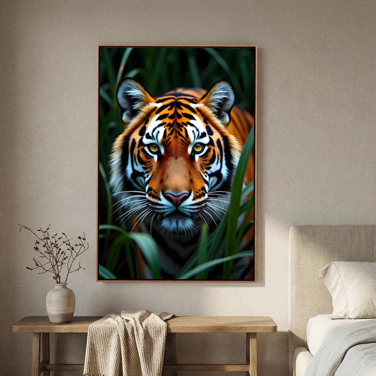 Tiger Forest Canvas showing a vivid close-up of a tiger amidst green foliage, featuring rich orange and black stripes on a matte canvas print