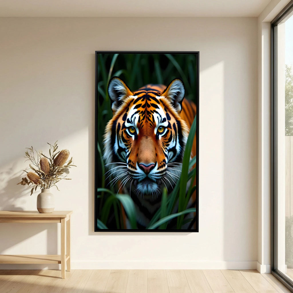 Tiger Jungle Canvas featuring a close-up realistic tiger face with orange, black, and white fur amid green jungle foliage